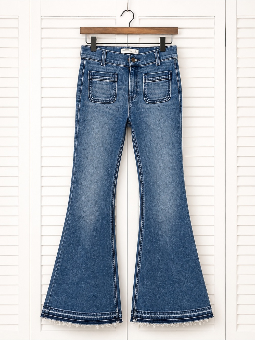 Y2K Low Rise Extreme Flare Bell Bottom Jeans Patch Pocket Raw Hem Girls 12